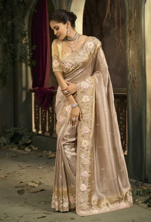 Beige Designer Embroidered Silk Saree with Floral Work Wedding Wear